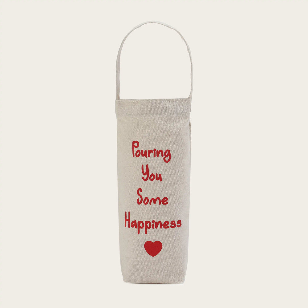 Canvas wine bag with red text and heart.