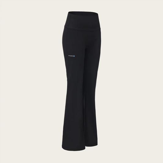 Black pants with a brand logo on a beige background