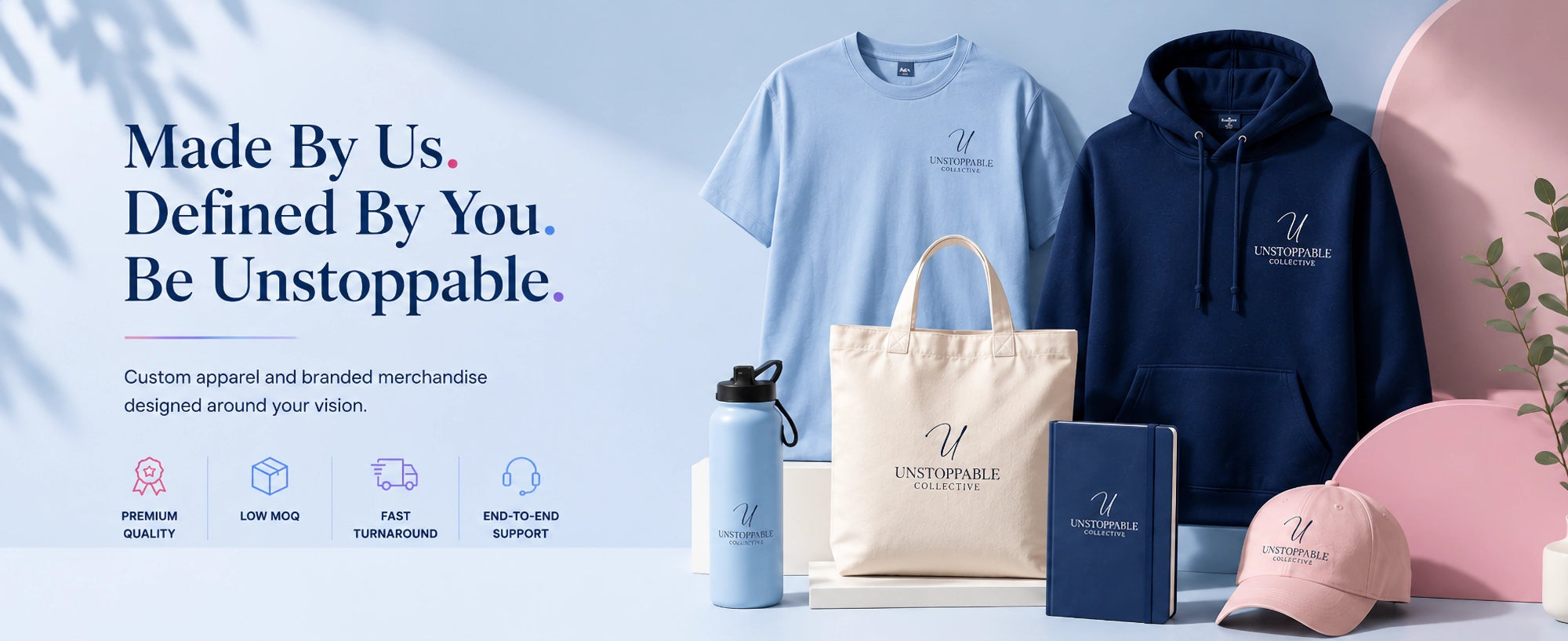 Promotional banner for branded merchandise with t-shirt, hoodie, tote bag, water bottle, and cap on a light blue background.