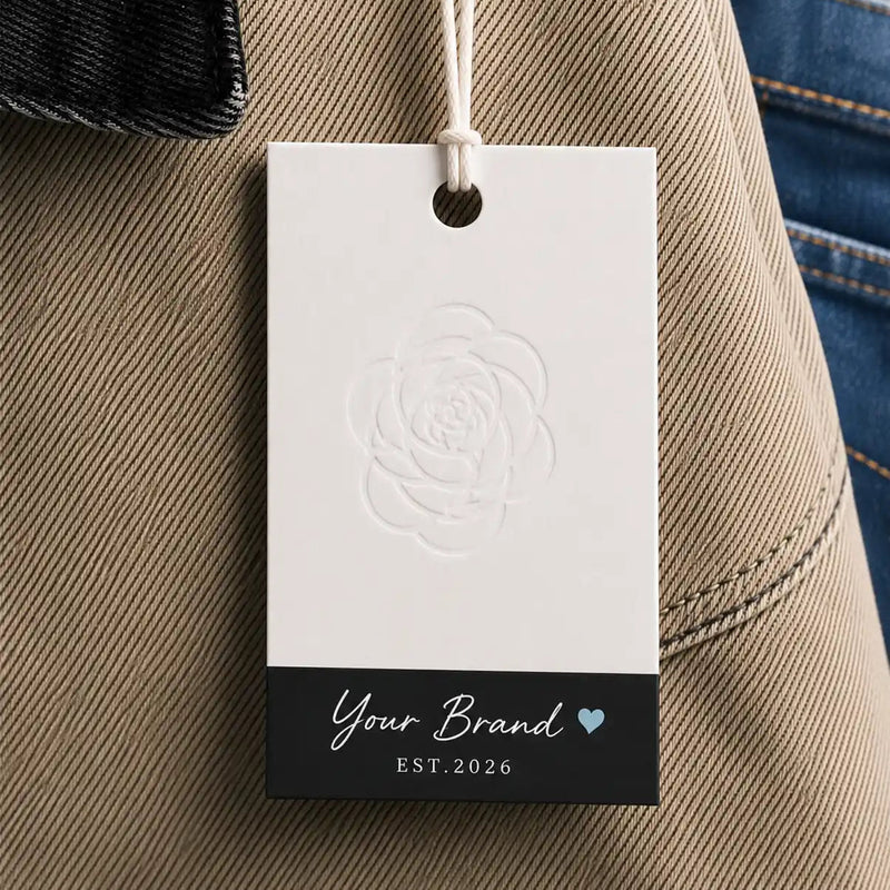 Custom clothing tag with brand name and establishment year on a fabric background