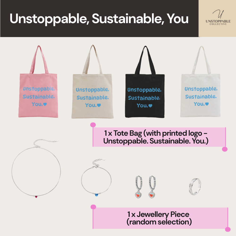 Unstoppable, Sustainable, You | Printed Tote Bag + Jewellery